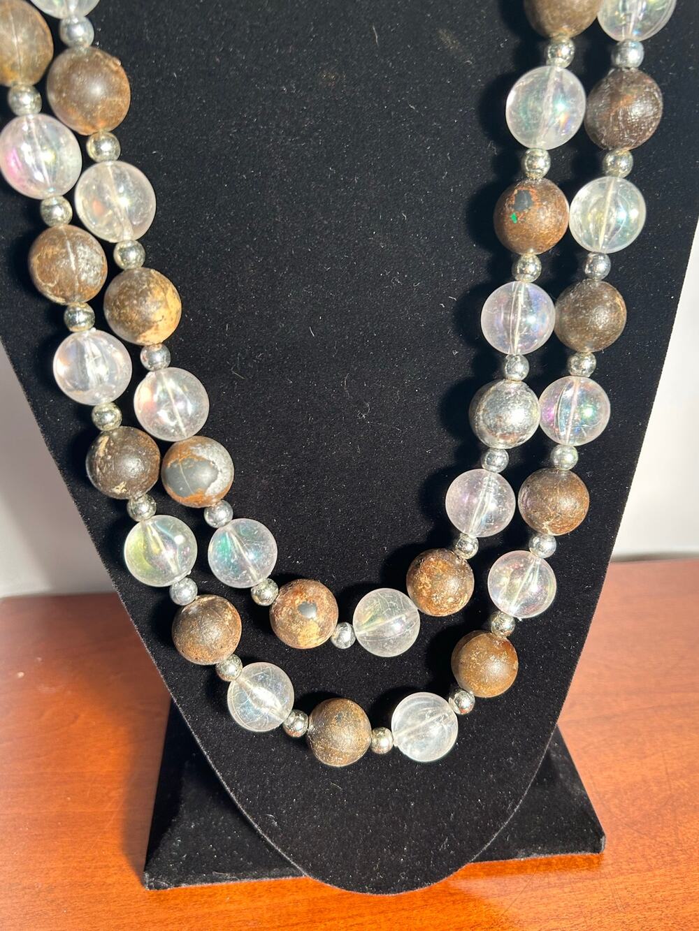 Long 42" Wood Resin Bead Statement Necklace Silver Tone Accents Boho Artisan